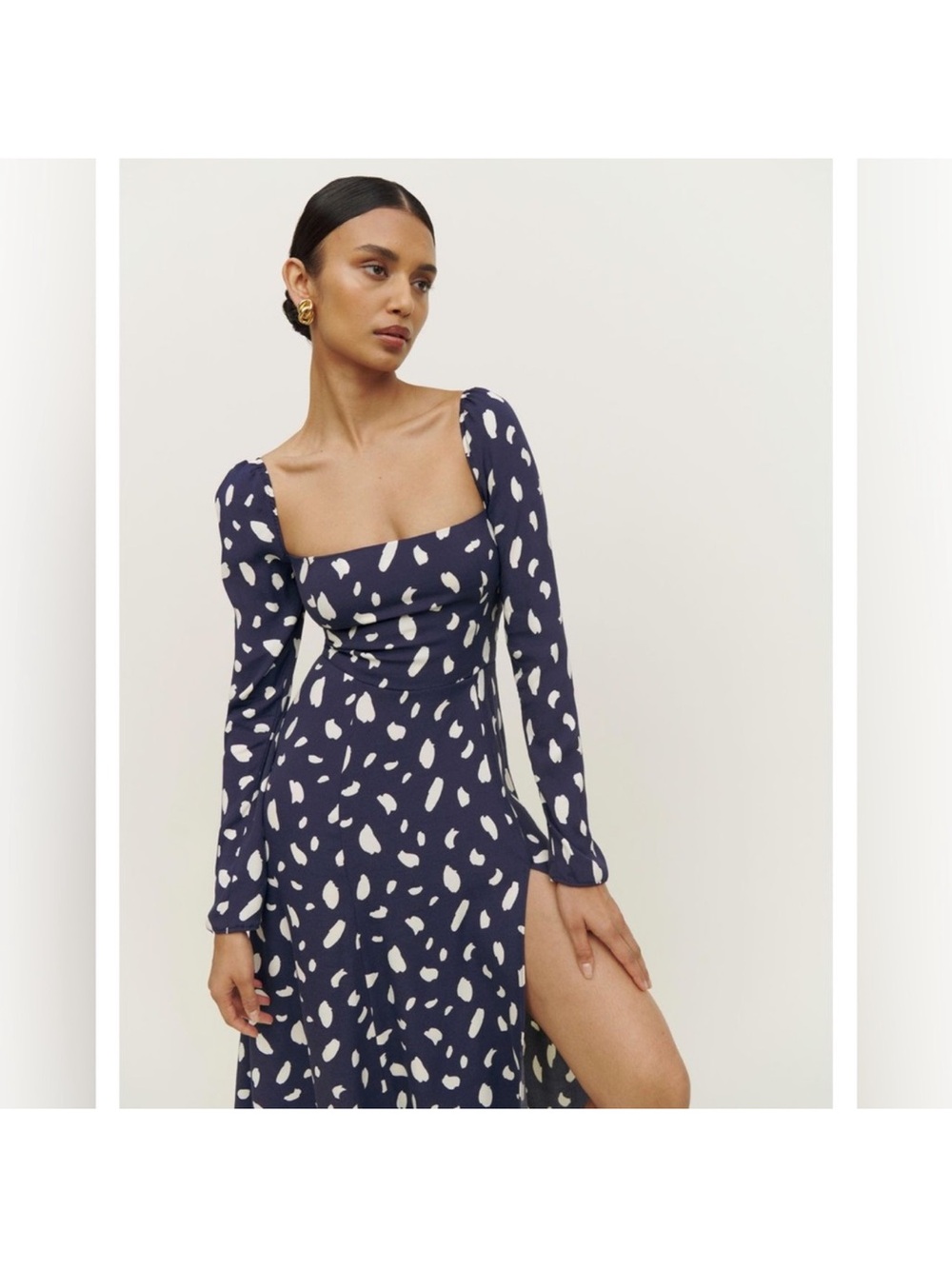 Reformation Navy Blue and White Long Sleeve Square Neck Slip Dress